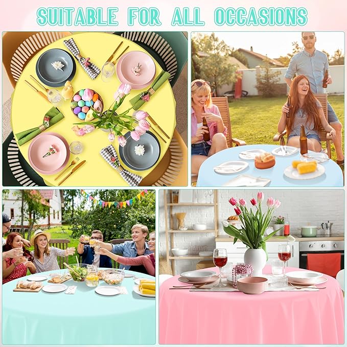 MASHAN 12Pcs Plastic Round Pastel Color Tablecloths,Mix Color Table Cloth Disposable Round Table Covers for Baby Shower, Wedding,Birthday Party,Spring Easter and Summer Party Decorations, 84 Inch