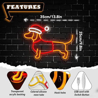 Dimmable Dachshund Neon Sign - Cute Dog with Christmas Hat - Led Light Sign for Home, Bedroom, Party Decor