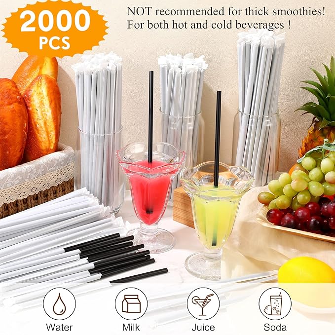 Hoolerry 2000 Pcs 8 Inch Plastic Straws Disposable Individually Wrapped Drinking Straight Long Straws, 0.24" Wide, for Hot and Cold Beverages (Black)