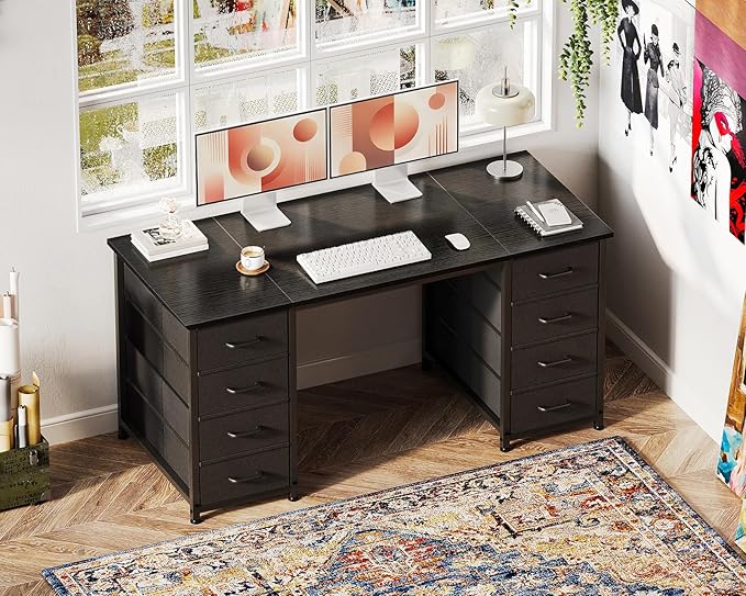 Casaottima 48 Inches Computer Desk with 8 Fabric Drawers, Modern Office Desk with Large Storage for Home Office, Study, Black