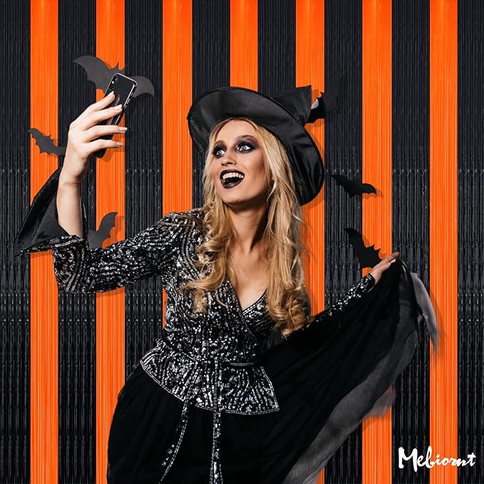 4 Pack Fringe Curtain Backdrop, 3.2Ft x 8.2Ft Black Orange Metallic Tinsel Foil Fringe Streamers Background for Photo Booth Birthday Wedding Baby Shower Carnival Easter Mother’s Day Party Decorations