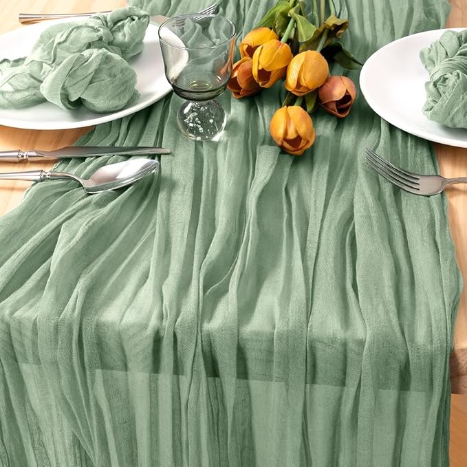 MLMC 3 Pack Sage Green Table Runner 10ft Rustic Boho Cheesecloth Table Runner Cheese Cloth Centerpiece Winter Decor 35x120 Inches for Wedding Bridal Baby Shower Decor