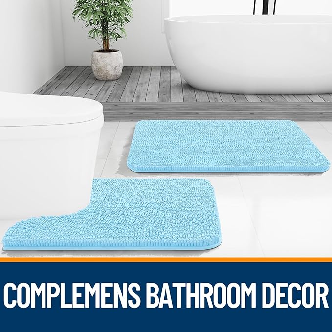 OLANLY Bathroom Rugs 24x16, Extra Soft Absorbent Chenille Bath Rugs, Rubber Backing Quick Dry, Machine Washable Bath Mats for Bathroom Floor, Tub and Shower, Home Decor Accessories, Sky Blue