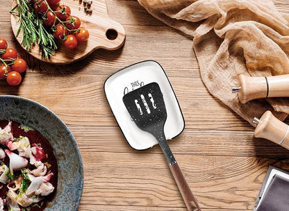 Ceramic Spoon Rest for Kitchens Stove Top Counter, Funny This Kitchen is Seasoned with Love White Spoon Holders for Chef, Mom, Grandma, Modern Farmhouse Kitchens Cute Decor Gift