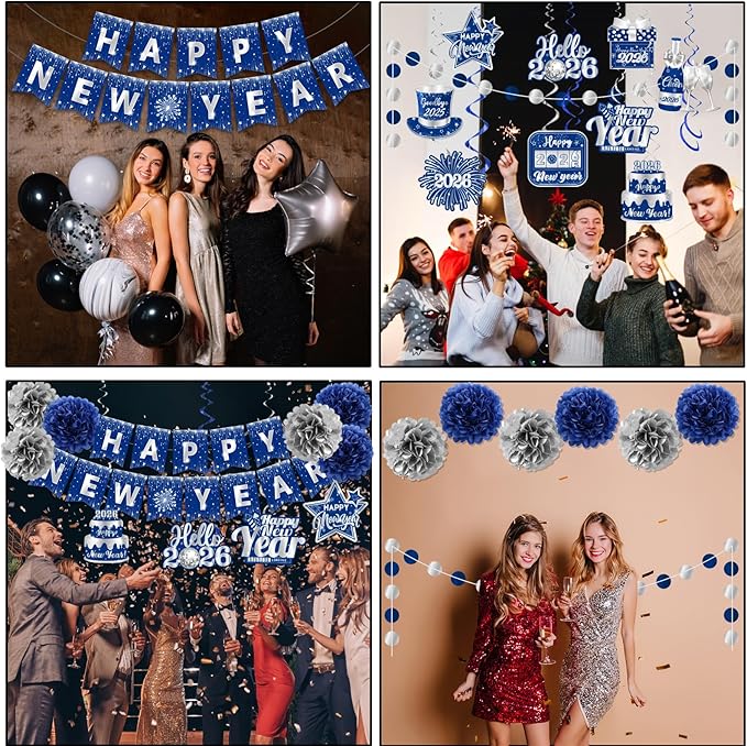 Blue New Years Decorations 2026, NYE Party Supplies includes Happy New Year Banner Hanging Swirls and Blue and Silver Tissue Pom Poms, New Year Hanging Swirls for Indoor Outdoor Classroom Office
