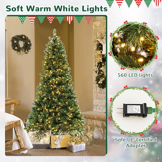 GOLFAME 6FT Pre-Lit Artificial Christmas Tree, Decorative Hinged Xmas Tree with 560 LED Lights, 821 Branch Tips, Upgraded Metal Stand, Christmas Holiday Tree for Home Office Party