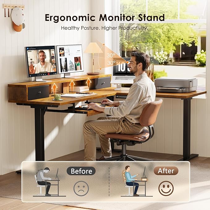 OffiGo 59 Inch L Shaped Electric Standing Desk with Drawers, Height Adjustable Corner Computer Desk with Keyboard Tray & Monitor Stand, Stand Up Table for Home Office Workstation, Rustic Brown