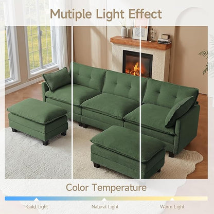 Modular Sectional Sofa, 111.5" U-Shaped Corduroy Comfy Sectional Couches for Living Room, 3-Seater Cloud Couches with 2 Movable Ottomans, Flexible Combination Modern Deep Seat Sofa (Green)