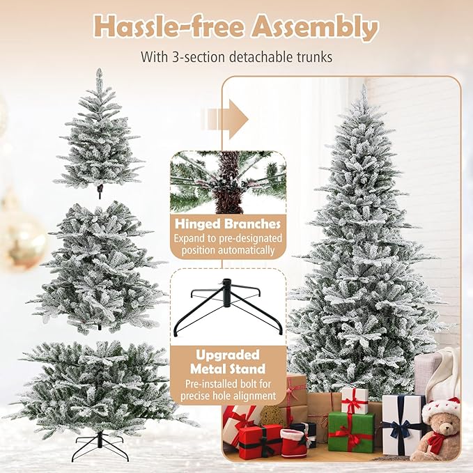 GOFLAME 8FT Pre-Lit Christmas Tree Snow Flocked, Hinged Artificial Xmas Tree with 1447 Branch Tips, 800 Cold White LED Lights, 3 Lighting Modes, Timer, Remote, Holiday Decoration Tree for Home Party