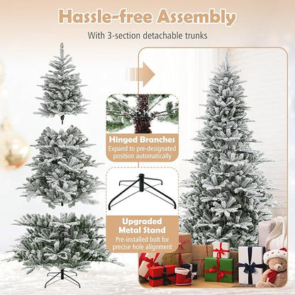 GOFLAME 8FT Pre-Lit Christmas Tree Snow Flocked, Hinged Artificial Xmas Tree with 1447 Branch Tips, 800 Cold White LED Lights, 3 Lighting Modes, Timer, Remote, Holiday Decoration Tree for Home Party