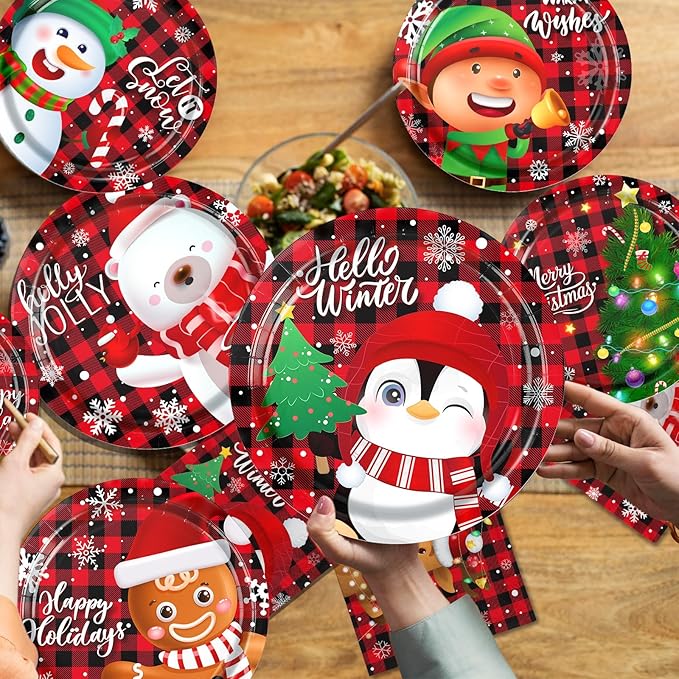 60pcs Christmas Paper Plates and Napkins Disposable Santa Snowman Christmas Plaid Plates Dinnerware Set Table Decorations for Holiday Xmas Party Supplies
