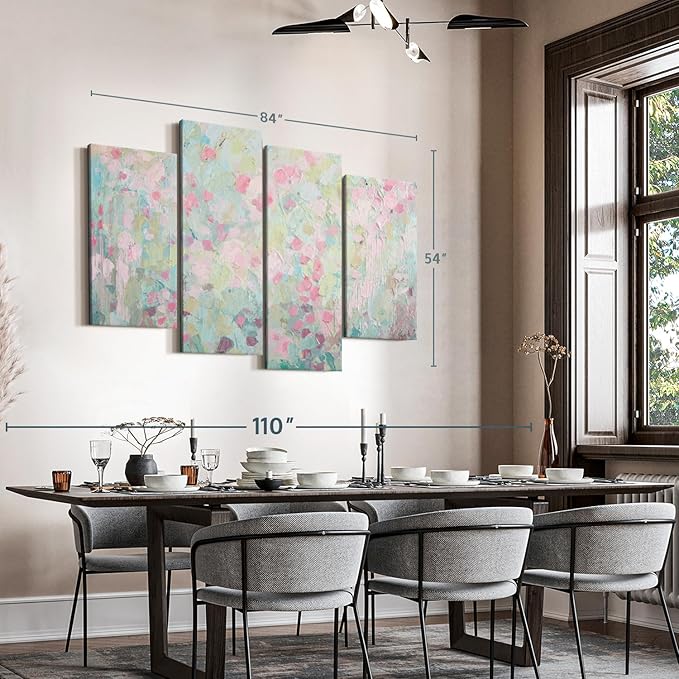 Elephant Stock Dancing Sakura Tree Wall Art - Horizontal Canvas - 4-Piece Living Room Wall Decor - Painting Abstract Canvas Print - Pink and Blue Decor for Wall by Ann Marie Coolick - 84" X 54"