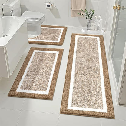 Pauwer Bathroom Rugs Sets 3 Piece Bathroom Shower Rugs with U-Shaped Contour Toilet Mat Absorbent Microfiber Plush Bath Mats Non Slip Bath Rug Machine Washable Shaggy Floor Mat, Khaki