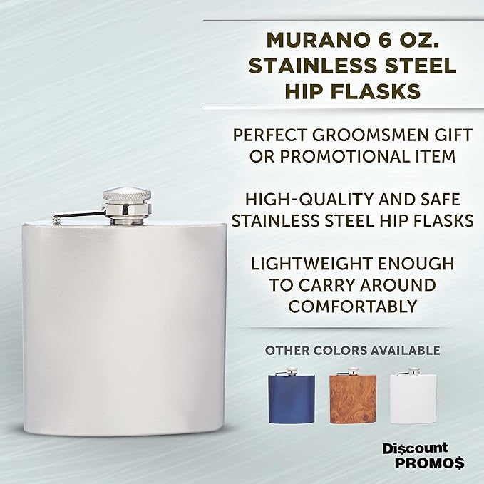 Murano Stainless Steel Hip Flasks 6 oz. Set of 10, Bulk Pack - Screw on Cap, Great for Wedding Party Gifts, Groomsmen Gifts, Outdoor Activities - Silver