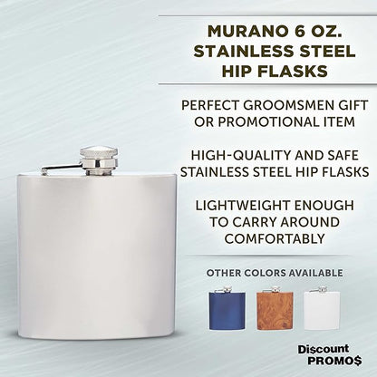 Murano Stainless Steel Hip Flasks 6 oz. Set of 10, Bulk Pack - Screw on Cap, Great for Wedding Party Gifts, Groomsmen Gifts, Outdoor Activities - Silver