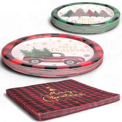 168PCS Christmas Plates and Napkins with Cups Fork Spoon,Serves 24, Christmas Disposable Dinnerware Set Party Supplies(Red)