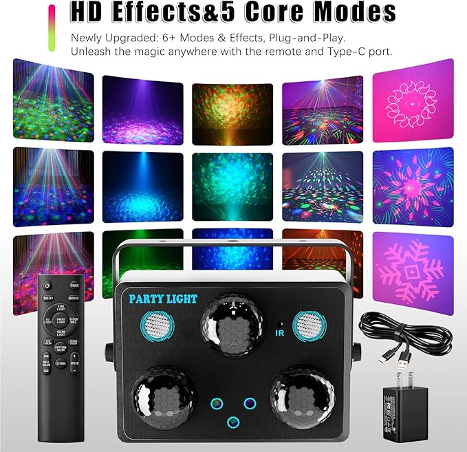 Party Disco DJ Light, Star Projector Night Light Stage Strobe Lights Disco Ball Lights Ocean Light Sound Activated with Remote Control for Parties Club Holiday Christmas Birthday Wedding Home Decor
