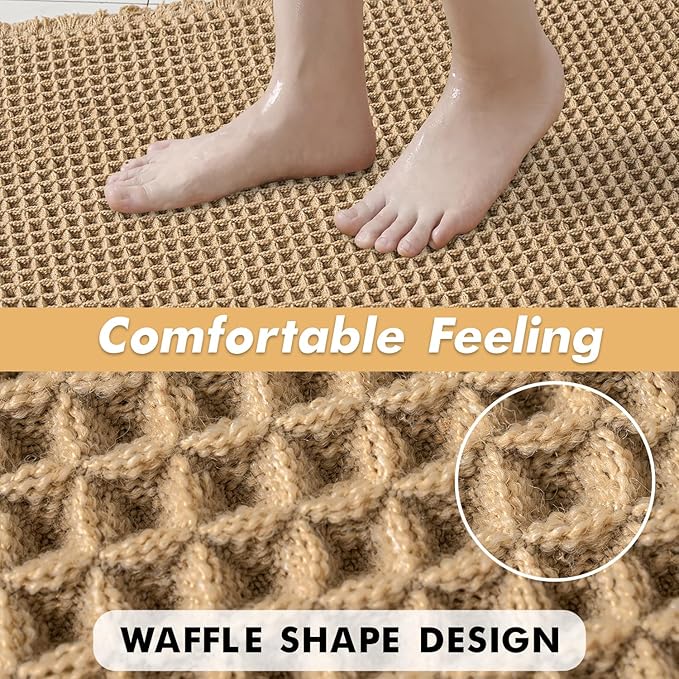 MIULEE Set of 2 Waffle Bathroom Rugs, Boho Bath Rugs Non Slip Washable, Super Absorbent Bath Mats, Ultra Soft Rubber Backed Shower Mats for Bathroom Floor, Tub, Brown, 17"x24"+17"x48"