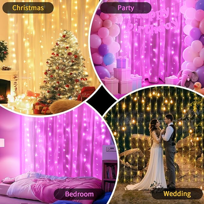 Color Changing Curtain Lights, Pink Room Decor 8 Modes LED String Lights for Garden, Teen Girls' Room, Party, Window, Wall, Valentines Day and Christmas Decor(Warm White and Pink)