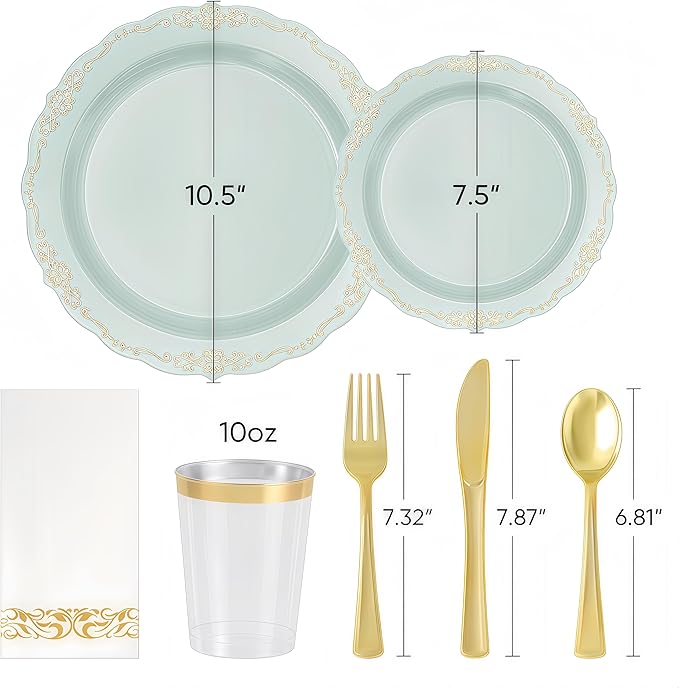 Fijinhom175 PCS Green Disposable Plates, Elegant Dinnerware Set for 25 Guests, 50 Plastic Plates, 75 Silverware, 25 Cups & 25 Paper Napkins, Green