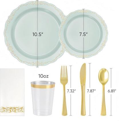 Fijinhom175 PCS Green Disposable Plates, Elegant Dinnerware Set for 25 Guests, 50 Plastic Plates, 75 Silverware, 25 Cups & 25 Paper Napkins, Green