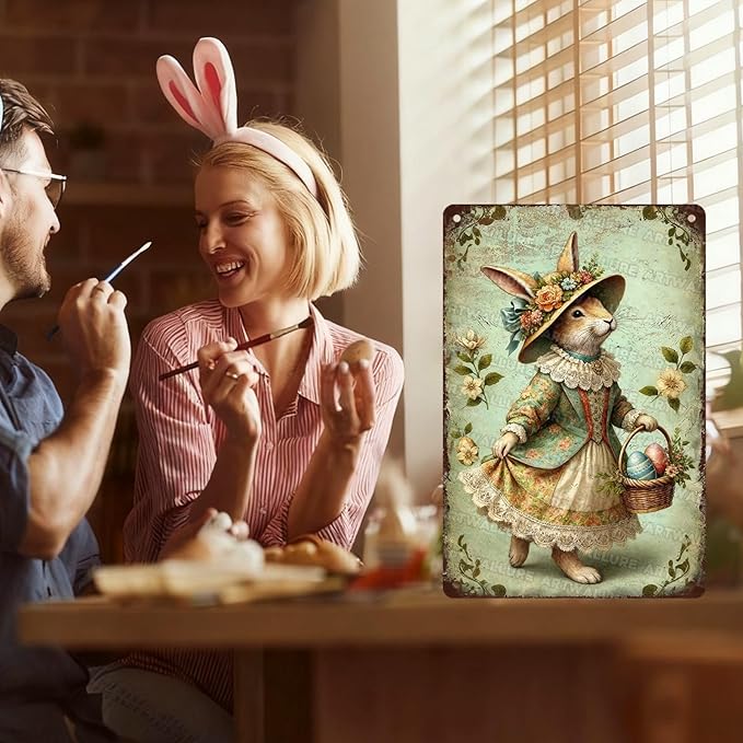 Vintage Easter Bunny Metal Sign Easter Eggs Rustic Farmhouse Wall Art For Indoor Outdoor Home Garden Decor 8x12Inch