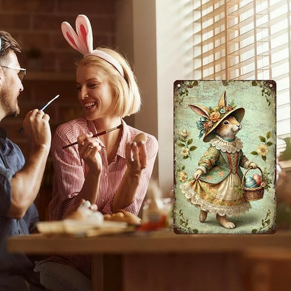 Vintage Easter Bunny Metal Sign Easter Eggs Rustic Farmhouse Wall Art For Indoor Outdoor Home Garden Decor 8x12Inch