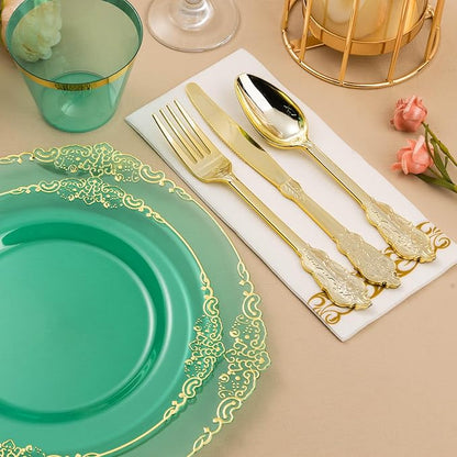 350PCS Clear Green Plastic Plates for 50 Guests, Disposable Plates with Gold Trim include 100 Dinner Plates, 150 Gold Silverware, 50 Cups, 50 Napkins for Party, Wedding and Graduation
