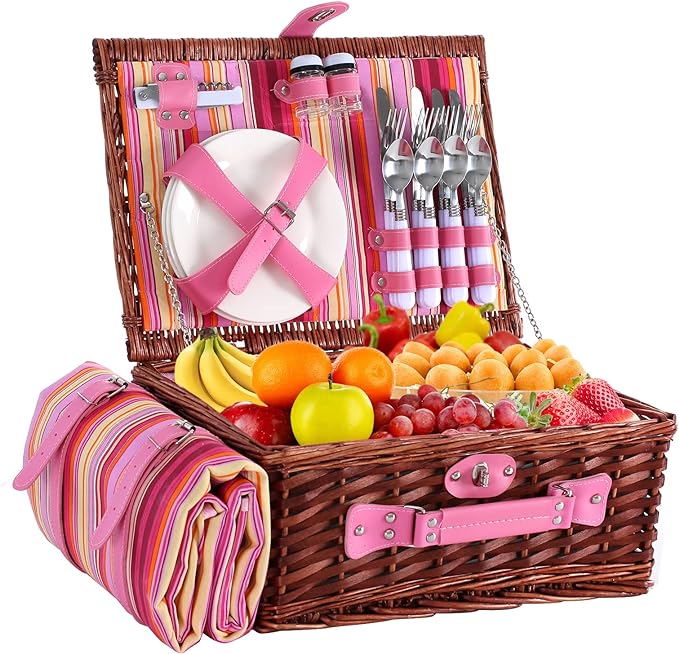 Wicker Picnic Basket for 4 with Waterproof Picnic Blanket and Insulated Cooler, Willow Hamper for Camping, Outdoors, Photoshoot, or a Birthday, Valentine’s Day, Wedding Gift, Pink