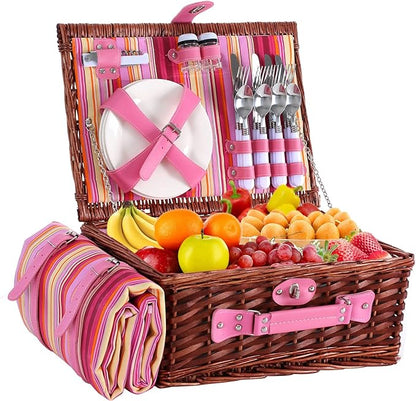 Wicker Picnic Basket for 4 with Waterproof Picnic Blanket and Insulated Cooler, Willow Hamper for Camping, Outdoors, Photoshoot, or a Birthday, Valentine’s Day, Wedding Gift, Pink