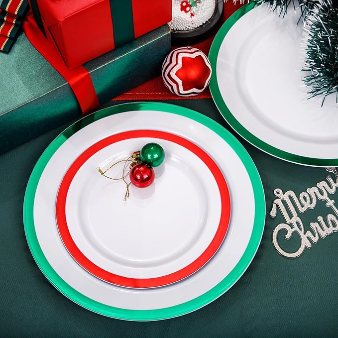 I00000 60PCS Christmas Plastic Plates, Red and Green Plastic Plates, Disposable Set Include 30 Green Dinner Plate, 30 Red Dessert Plate, Perfect for Christmas