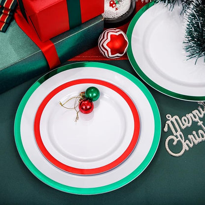I00000 60PCS Christmas Plastic Plates, Red and Green Plastic Plates, Disposable Set Include 30 Green Dinner Plate, 30 Red Dessert Plate, Perfect for Christmas