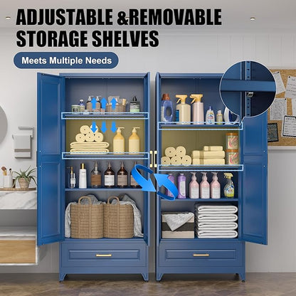 75" Tall Metal Storage Cabinet, Kitchen Pantry Storage Cabinets with Doors and 3 Shelves, Blue Pantry Cabinet with Drawer, Utility Kitchen Cupboard, Large Steel Cabinets for Living Room