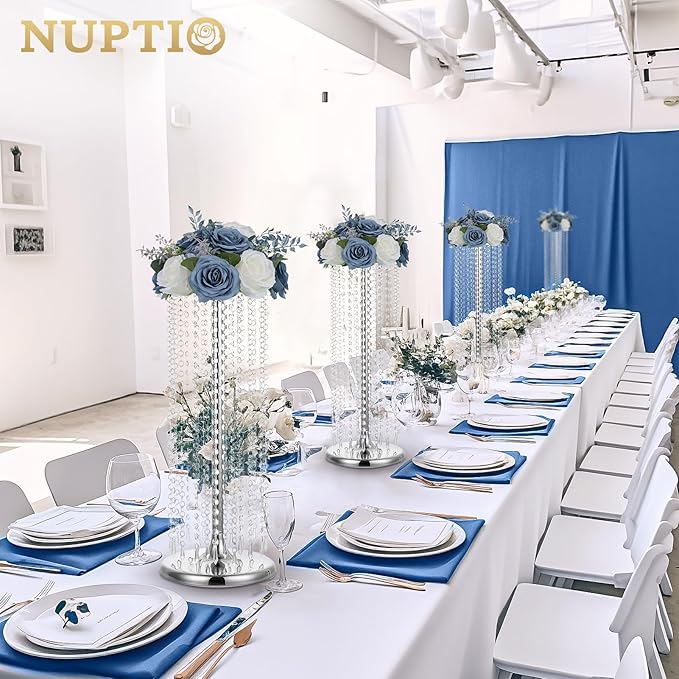 NUPTIO Flower Ball Centerpieces for Tables: 10 Pcs Dusty Blue & White Artificial Rose Fake Floral Arrangement for Wedding Party Centerpiece Decorations 9.4 Inch Diameter