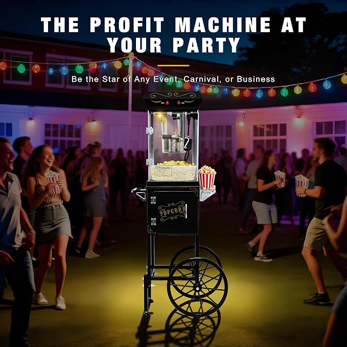 Movie Theater Popcorn Maker Machine, Professional with 8oz Kettle & Cart Makes 32 Cups, Vintage Style on Wheels for Home & Commercial Use, Includes shovel & spoon, Black