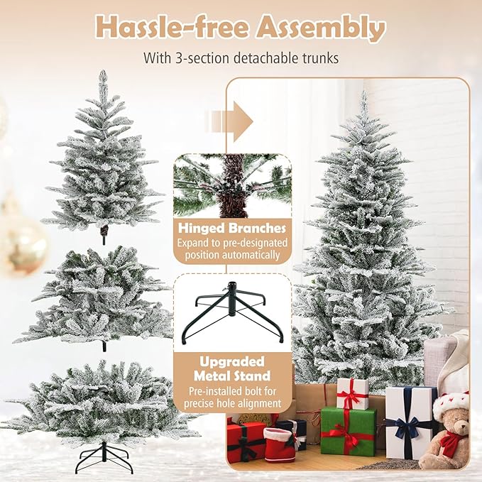 GOFLAME 6FT Pre-Lit Christmas Tree Snow Flocked, Hinged Artificial Xmas Tree with 661 Branch Tips, 500 Cold White LED Lights, 3 Lighting Modes, Timer, Remote, Holiday Decoration Tree for Home Party