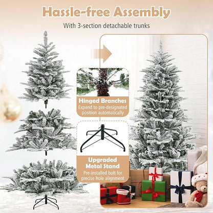 GOFLAME 6FT Pre-Lit Christmas Tree Snow Flocked, Hinged Artificial Xmas Tree with 661 Branch Tips, 500 Cold White LED Lights, 3 Lighting Modes, Timer, Remote, Holiday Decoration Tree for Home Party