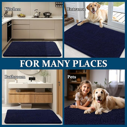 OLANLY Dog Door Mat for Muddy Paws 47x32, Absorbs Moisture and Dirt, Absorbent Non-Slip Washable Doormat, Quick Dry Chenille Mud Mat for Dogs, Entry Indoor Entryway Carpet for Inside Floor, Navy Blue