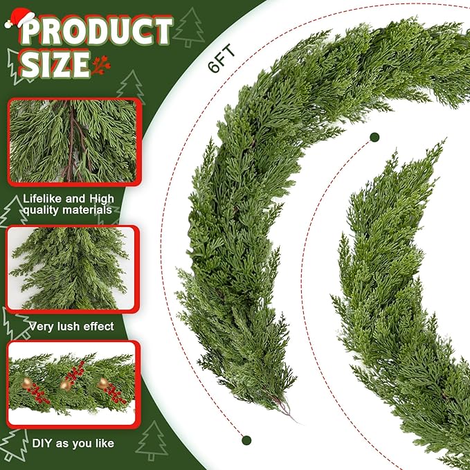 6FT Christmas Cedar Garland,Realistic Soft Faux Cedar Garlands,Thickness Pine Garland for Home Fireplace Mantle Table，Indoor Outdoor Christmas Decorations