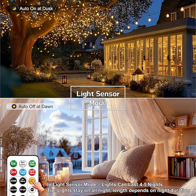 HXWEIYE Rechargeable Fairy Lights with Remote, 66ft 200 LED Twinkle Lights with DIY Timer & Light Sensor, Waterproof Outdoor String Lights for Bedroom Patio Christmas Tree Decor, Warm White