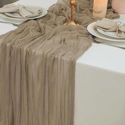 Snowkingdom 10 FT Light Brown Tan Christmas Cheesecloth Table Runner, 120 inch Long Boho Rustic Gauze Sheer Runner for Wedding Baby Shower Birthday Xmas Holiday Party Decorations