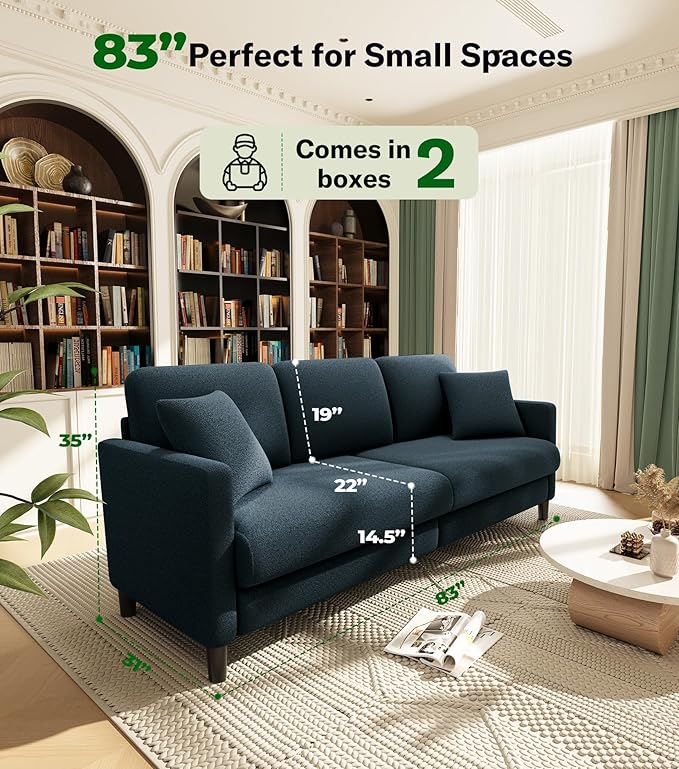 83" Couches for Living Room, Comfy Sofas for Living Room, Teddy Sofa Couch, Tool-Free Setup Loveseat Sofa, All-Wood Love Seat Couches, Small Couch 2 Pillows Included, Blue Grey