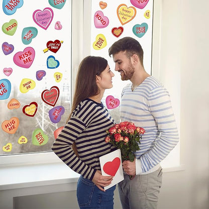 AKEROCK Valentines Day Window Clings, Colorful Heart Shaped Reusable Static Window Stickers for Home, Bathroom, Office Decor