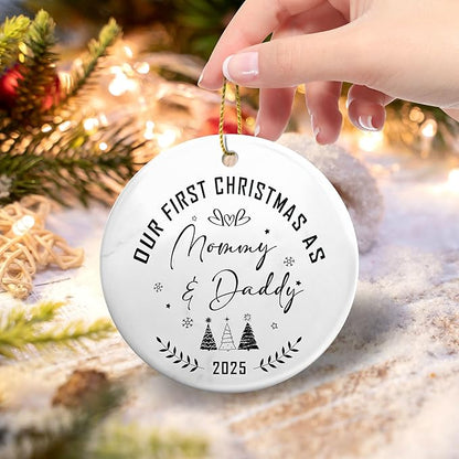 Our First Christmas As Mom & Dad Ornament 2025,Celebrate Baby's First Christmas Ornament,New Parents Promoted to Mommy Daddy Gifts,Family of Three Ornament for Mom Dad Newborn Xmas Gifts Decorations