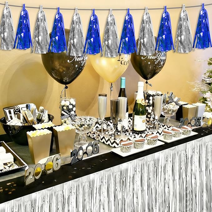 3P Navy-Blue Silver Tassel Banner Garland Metallic Foil Fringe Banner Tinsel Tassels Streamer Banner Backdrop for Parade Floats, Graduation Bridal/Baby Shower Retirement Party Decorations