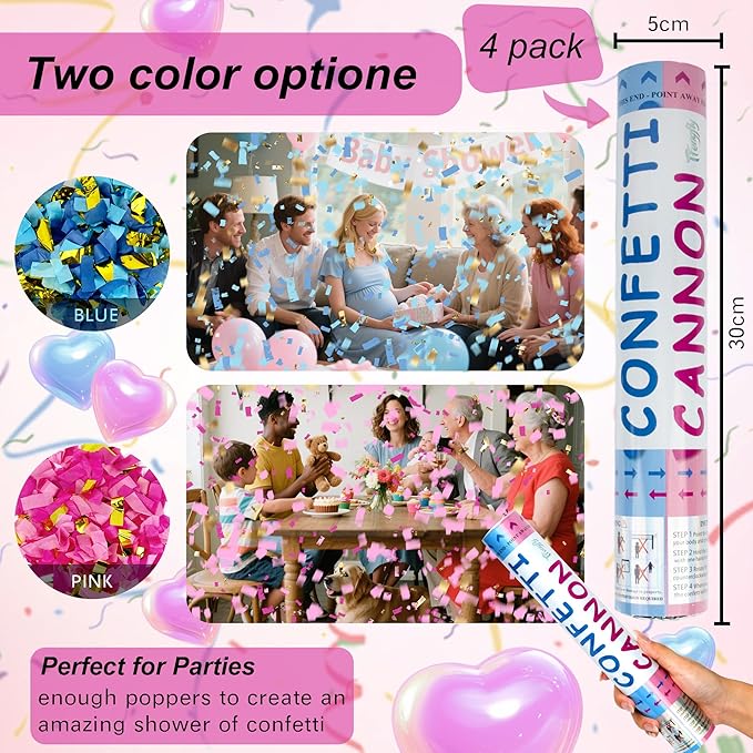 4 Pack Gender Reveal Confetti Cannon, 12 in Pink Rectangle Shaped Paper Party Poppers Cannons, Confetti Poppers For Baby Boy Girl Gender Reveal Baby Showers (Rectangle, Pink)