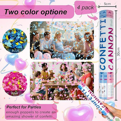 4 Pack Gender Reveal Confetti Cannon, 12 in Pink Rectangle Shaped Paper Party Poppers Cannons, Confetti Poppers For Baby Boy Girl Gender Reveal Baby Showers (Rectangle, Pink)