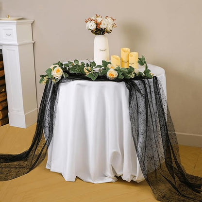 Snowkingdom Black Table Runner, 10FT Sheer Tulle Gauze Metallic Mesh Foil Table Decoration for Halloween, Thanksgiving, Party, and Christmas, Bridal, Baby Shower