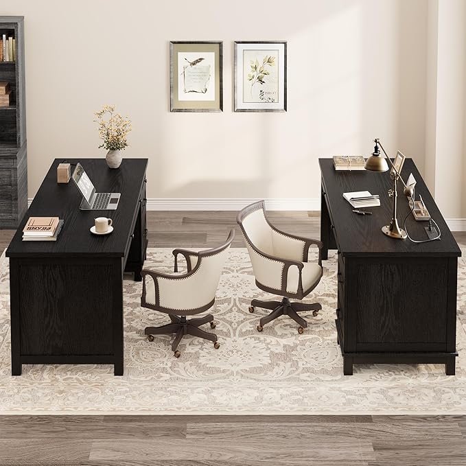 GarveeHome Farmhouse Executive Desk with Drawers, 53.54 in Home Office Desk with Charging Station, Wooden Computer Desk with File Cabinet Storage for Work Study Writing, Rustic Black