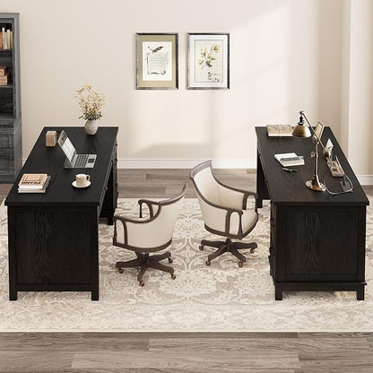 GarveeHome Farmhouse Executive Desk with Drawers, 53.54 in Home Office Desk with Charging Station, Wooden Computer Desk with File Cabinet Storage for Work Study Writing, Rustic Black
